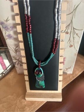 Coldwater Creek Turquoise, Red & Silver Beaded Pendant Necklace